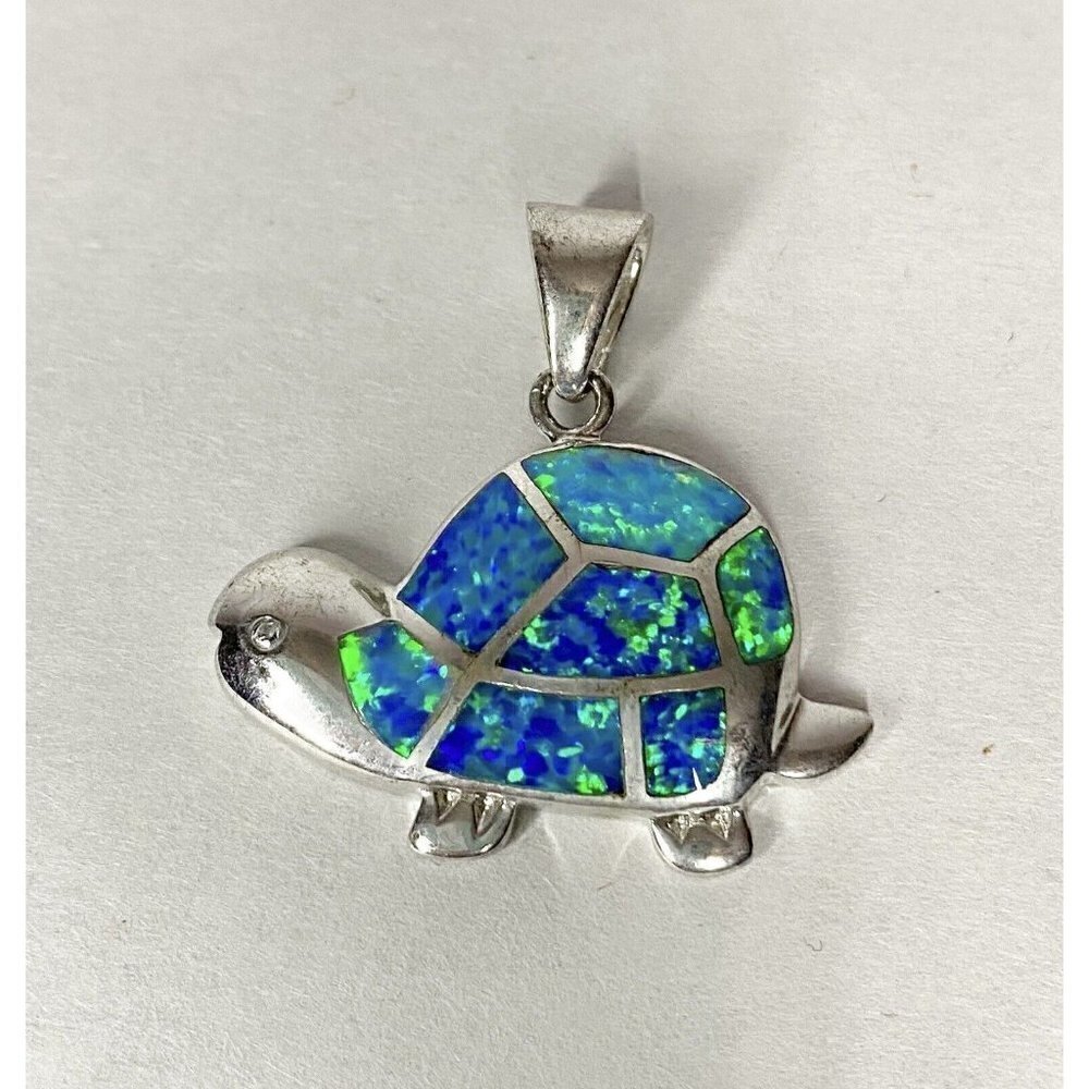 Sterling Silver 925 Turtle Pendant Blue Opal Rhodium Finish
